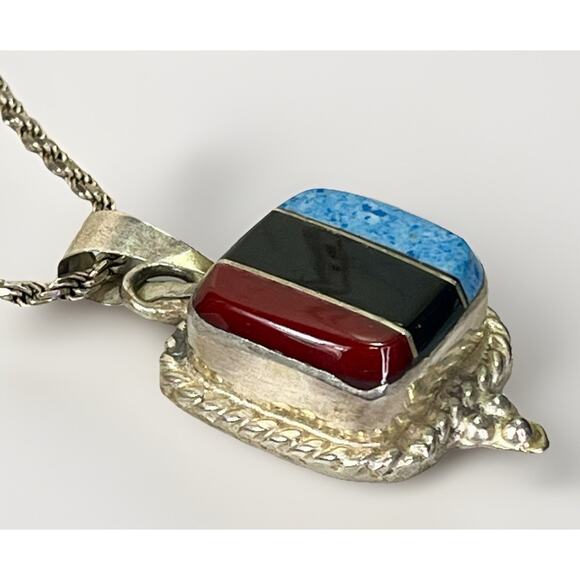 Vintage Taxco Sterling Silver Inlay Pendant Necklace – Coral Onyx Turquoise- 27” - Picture 9 of 16